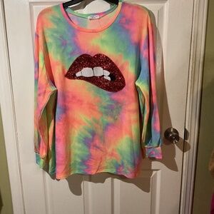 Tie-Dyed Long-Sleeve Sequined Tongue Logo Sweatshirt